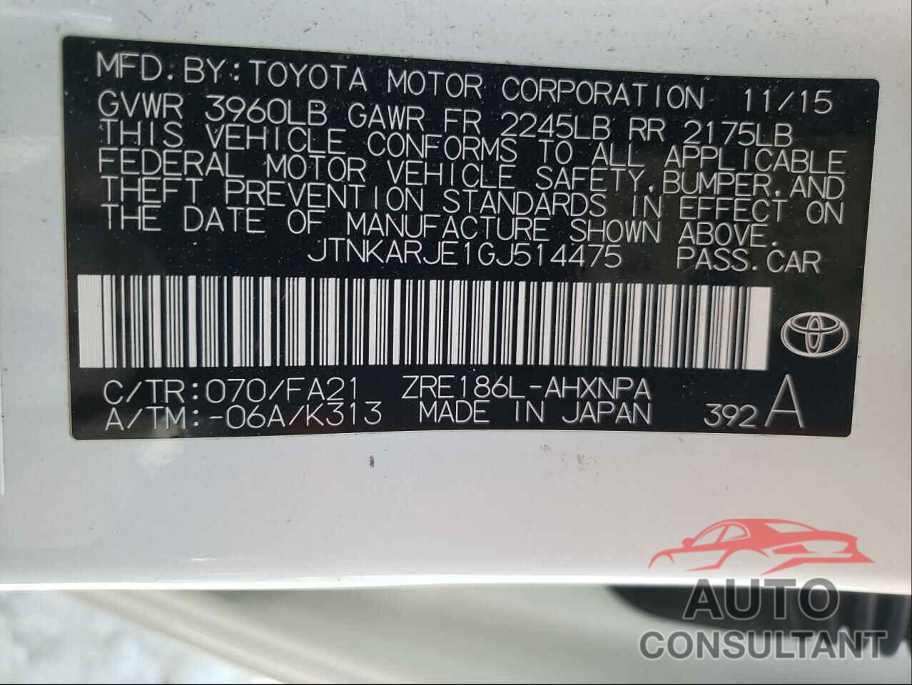 TOYOTA SCION 2016 - JTNKARJE1GJ514475