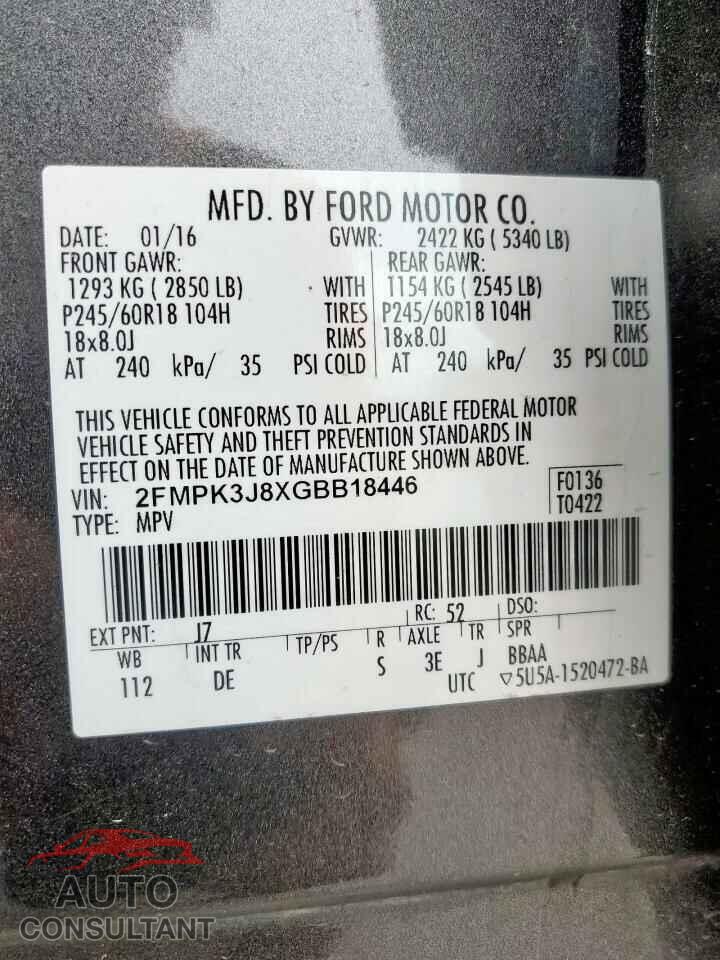 FORD EDGE 2016 - 2FMPK3J8XGBB18446