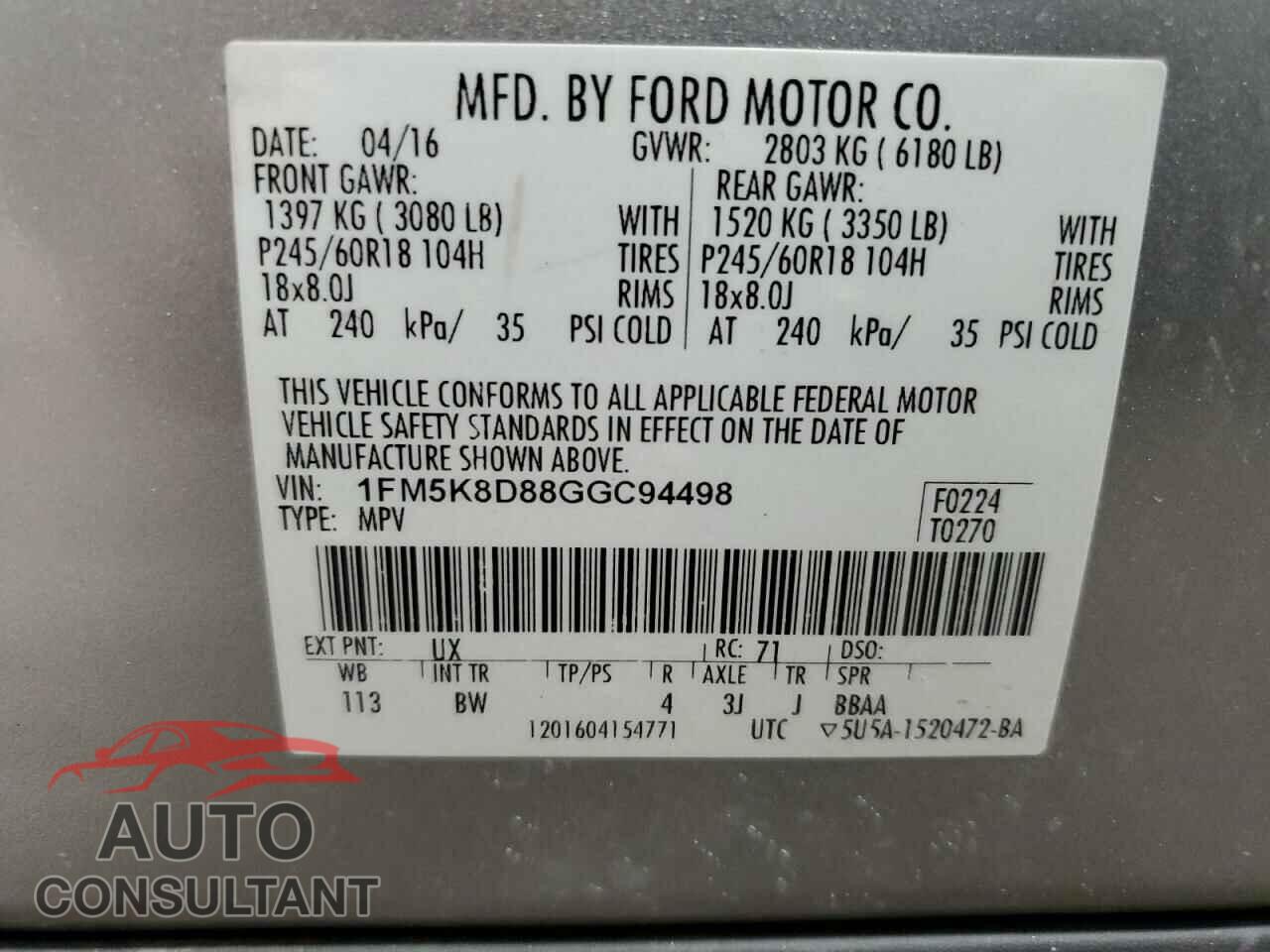 FORD EXPLORER 2016 - 1FM5K8D88GGC94498