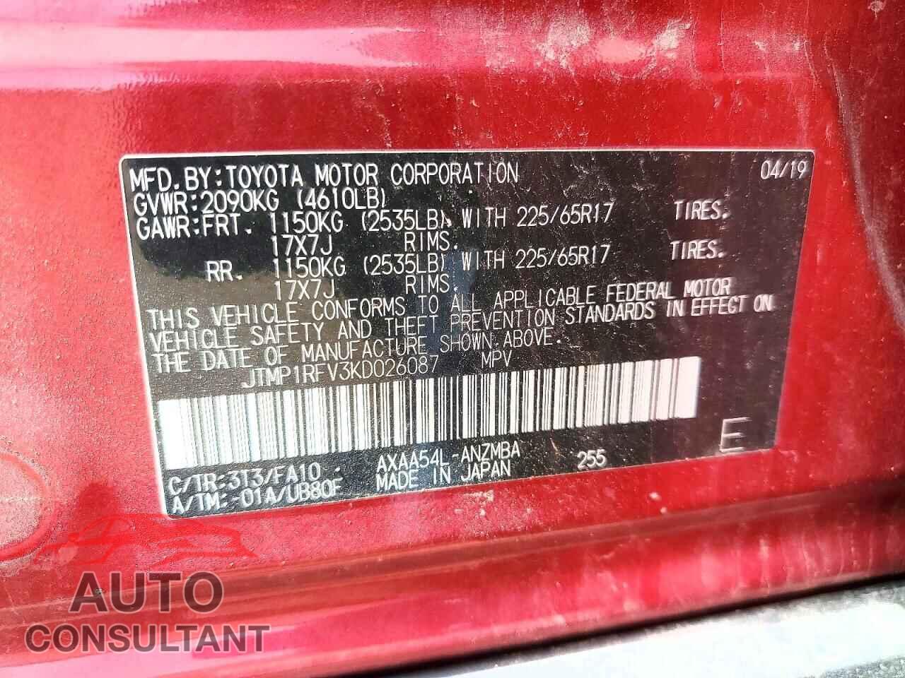TOYOTA RAV4 2019 - JTMP1RFV3KD026087