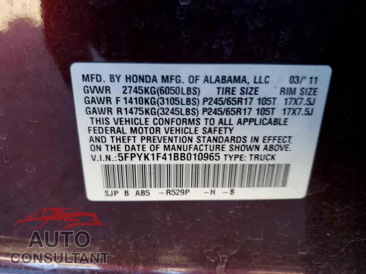 HONDA RIDGELINE 2011 - 5FPYK1F41BB010965