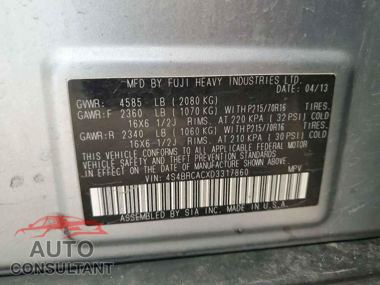 SUBARU OUTBACK 2013 - 4S4BRCACXD3317860