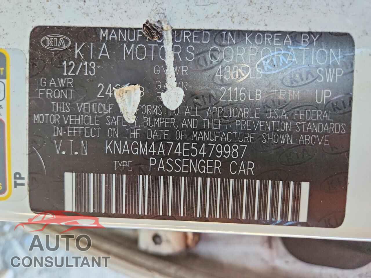 KIA OPTIMA 2014 - KNAGM4A74E5479987