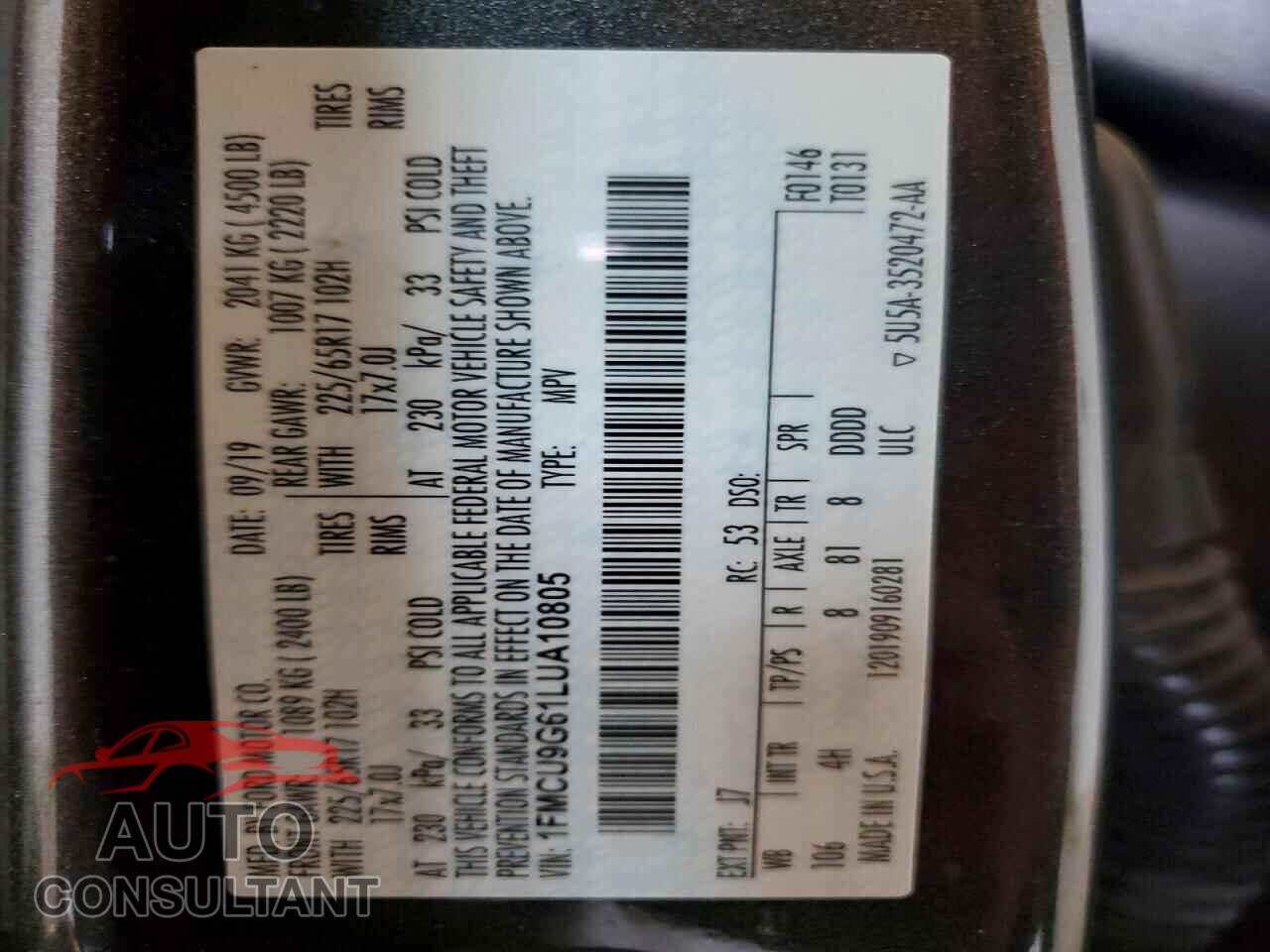 FORD ESCAPE 2020 - 1FMCU9G61LUA10805