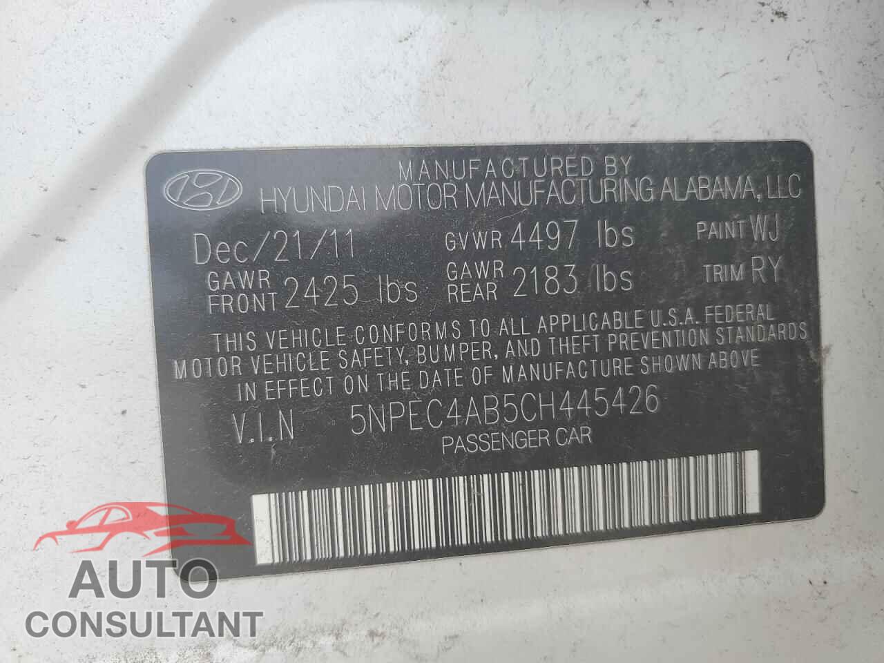 HYUNDAI SONATA 2012 - 5NPEC4AB5CH445426