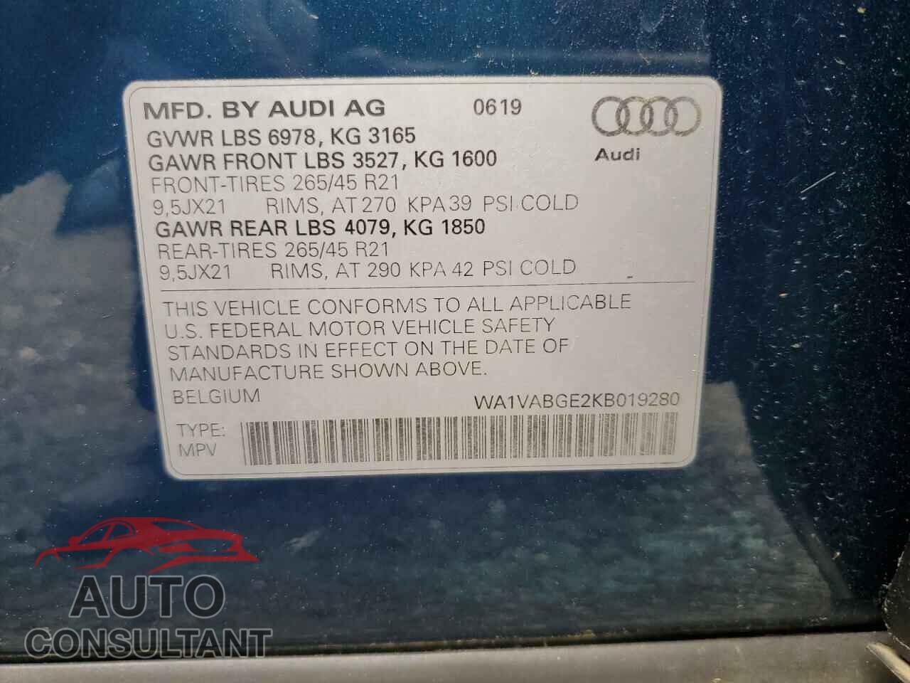AUDI E-TRON 2019 - WA1VABGE2KB019280