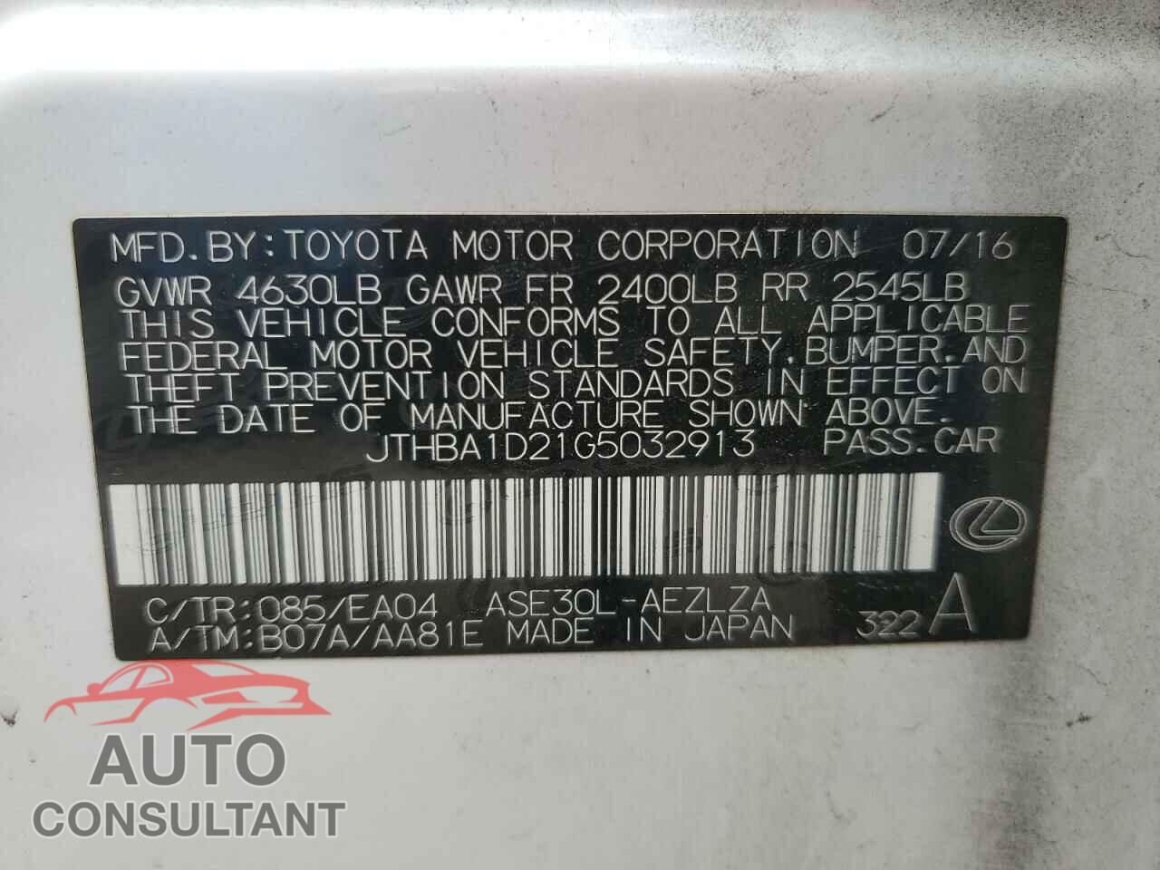 LEXUS IS 2016 - JTHBA1D21G5032913