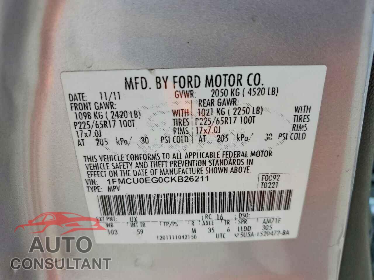 FORD ESCAPE 2012 - 1FMCU0EG0CKB26211