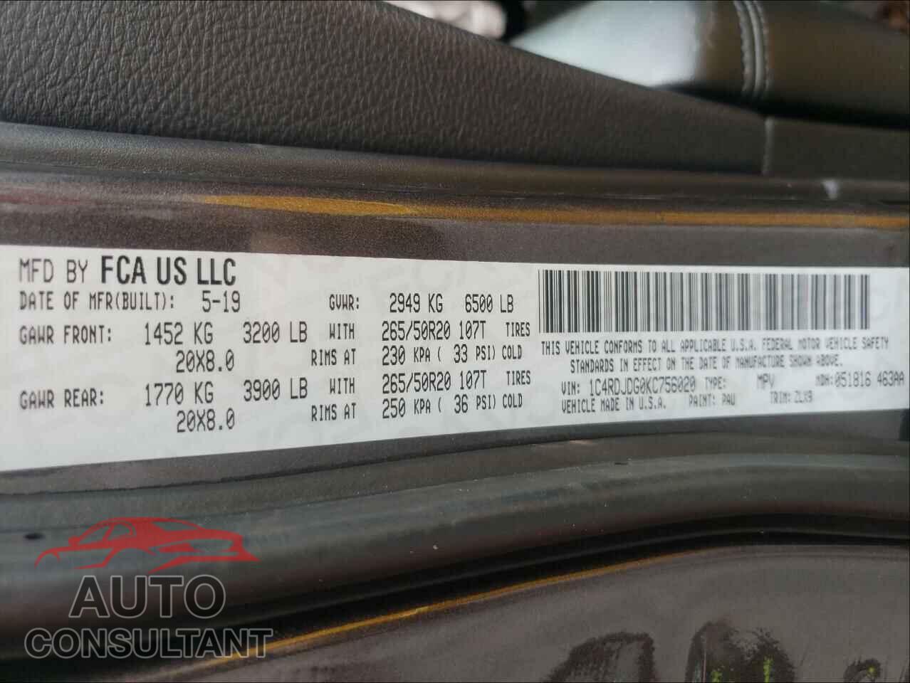 DODGE DURANGO 2019 - 1C4RDJDG0KC756020