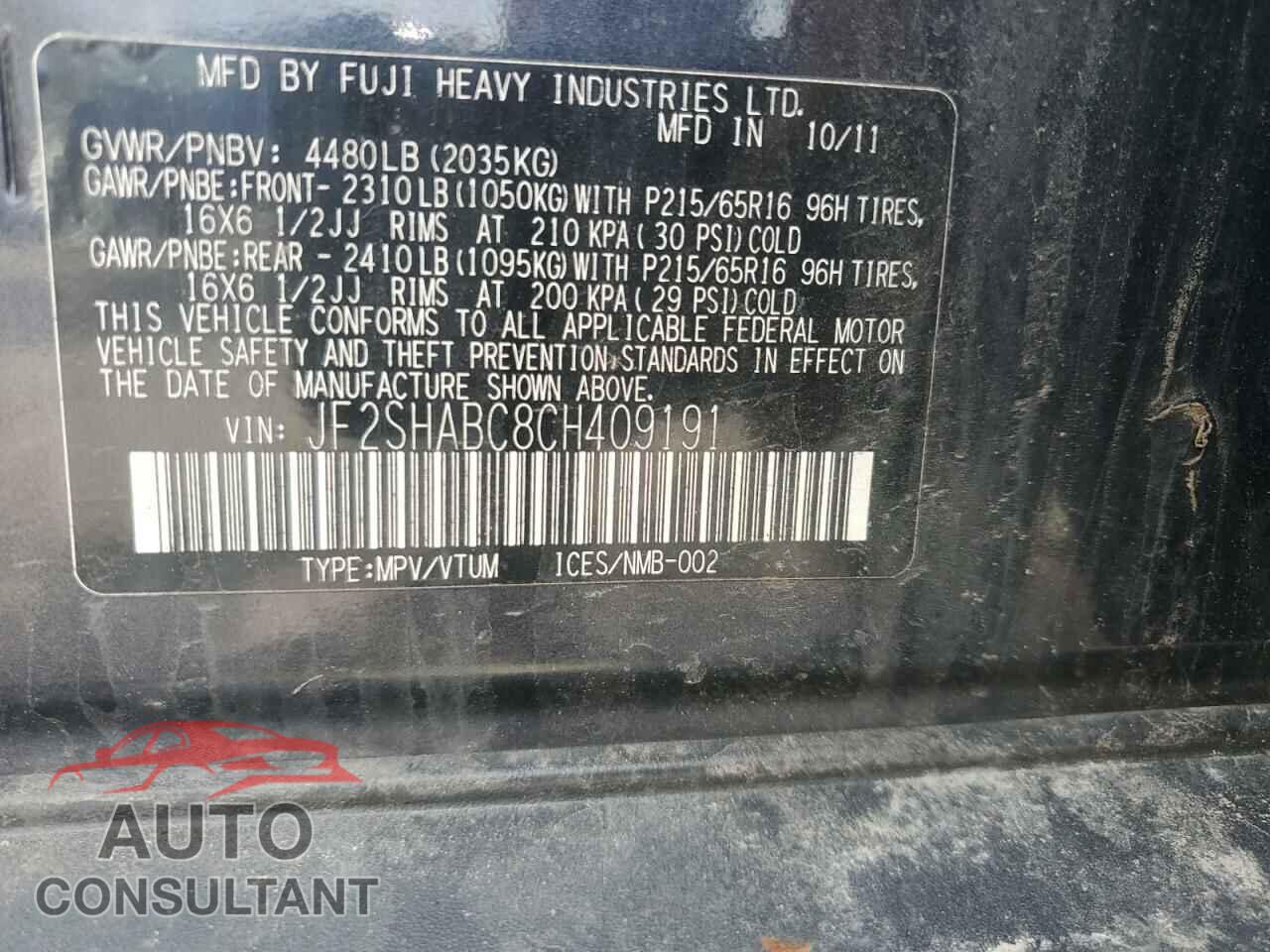 SUBARU FORESTER 2012 - JF2SHABC8CH409191