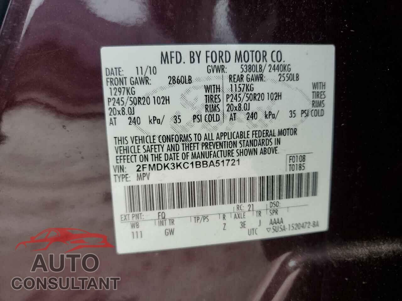 FORD EDGE 2011 - 2FMDK3KC1BBA51721