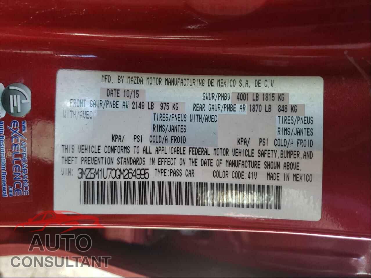 MAZDA 3 2016 - 3MZBM1U70GM264995