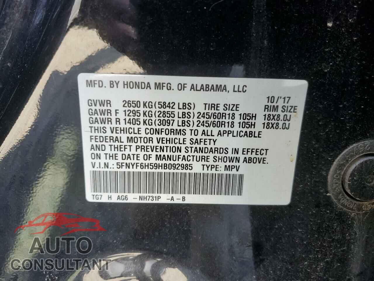 HONDA PILOT 2017 - 5FNYF6H59HB092985