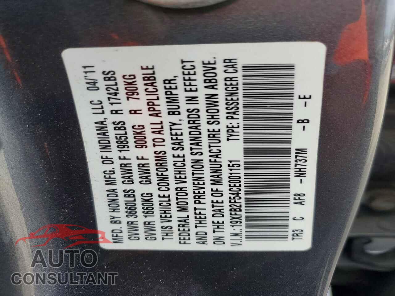 HONDA CIVIC 2012 - 19XFB2F54CE001151