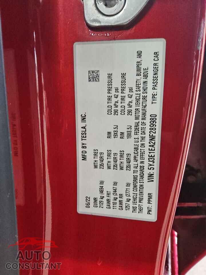 TESLA MODEL 3 2022 - 5YJ3E1EA2NF289980