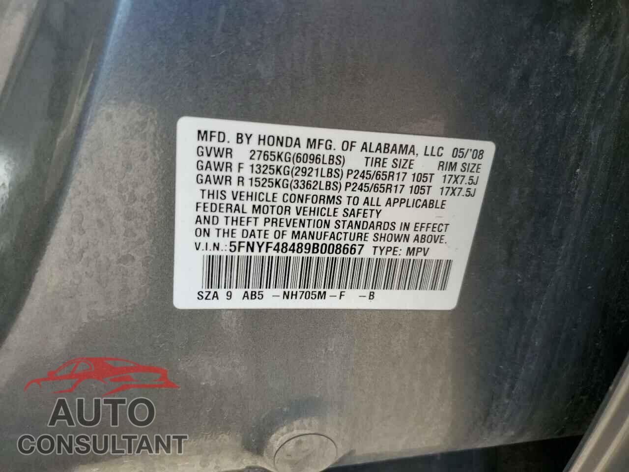 HONDA PILOT 2009 - 5FNYF48489B008667