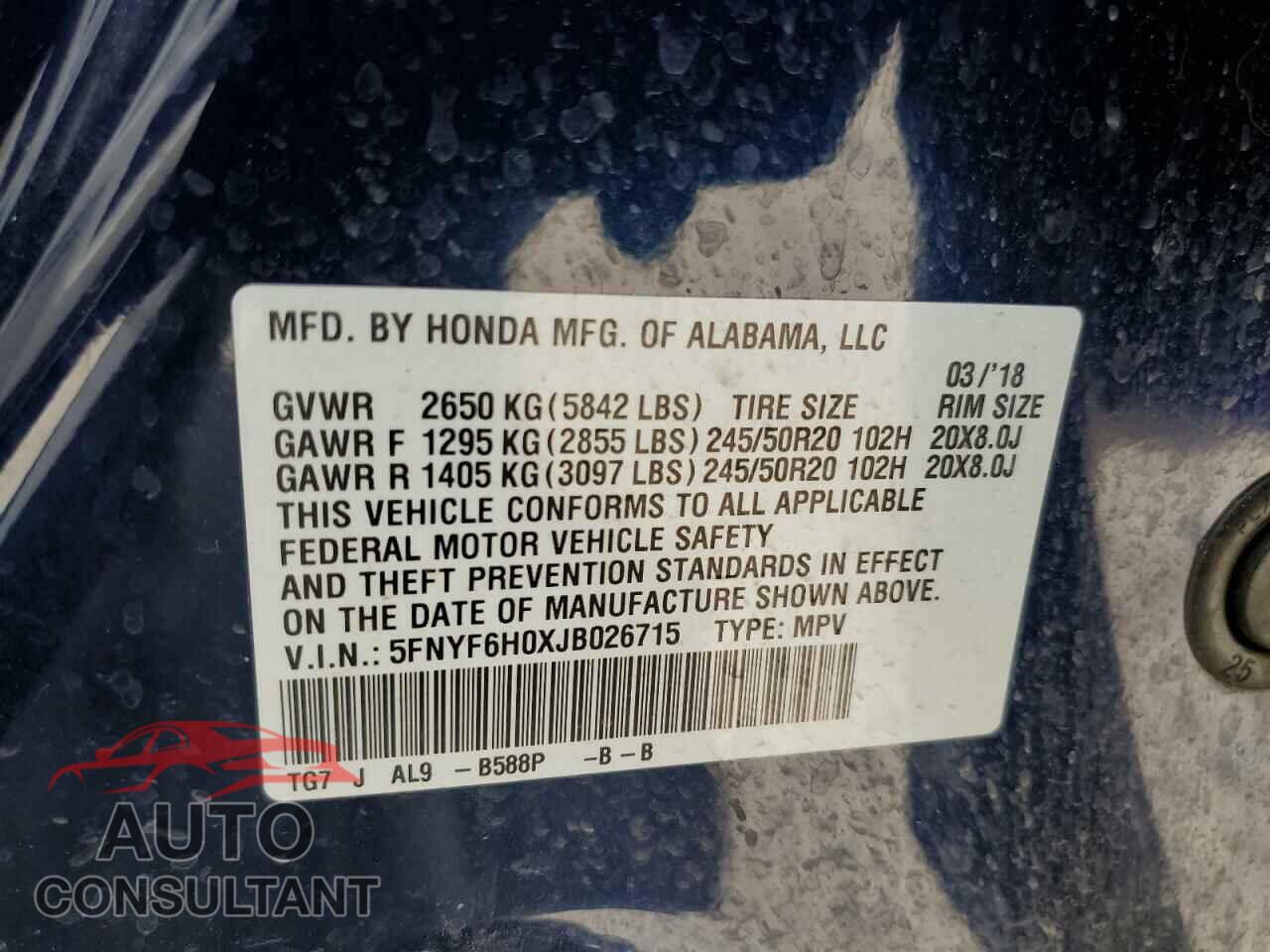 HONDA PILOT 2018 - 5FNYF6H0XJB026715