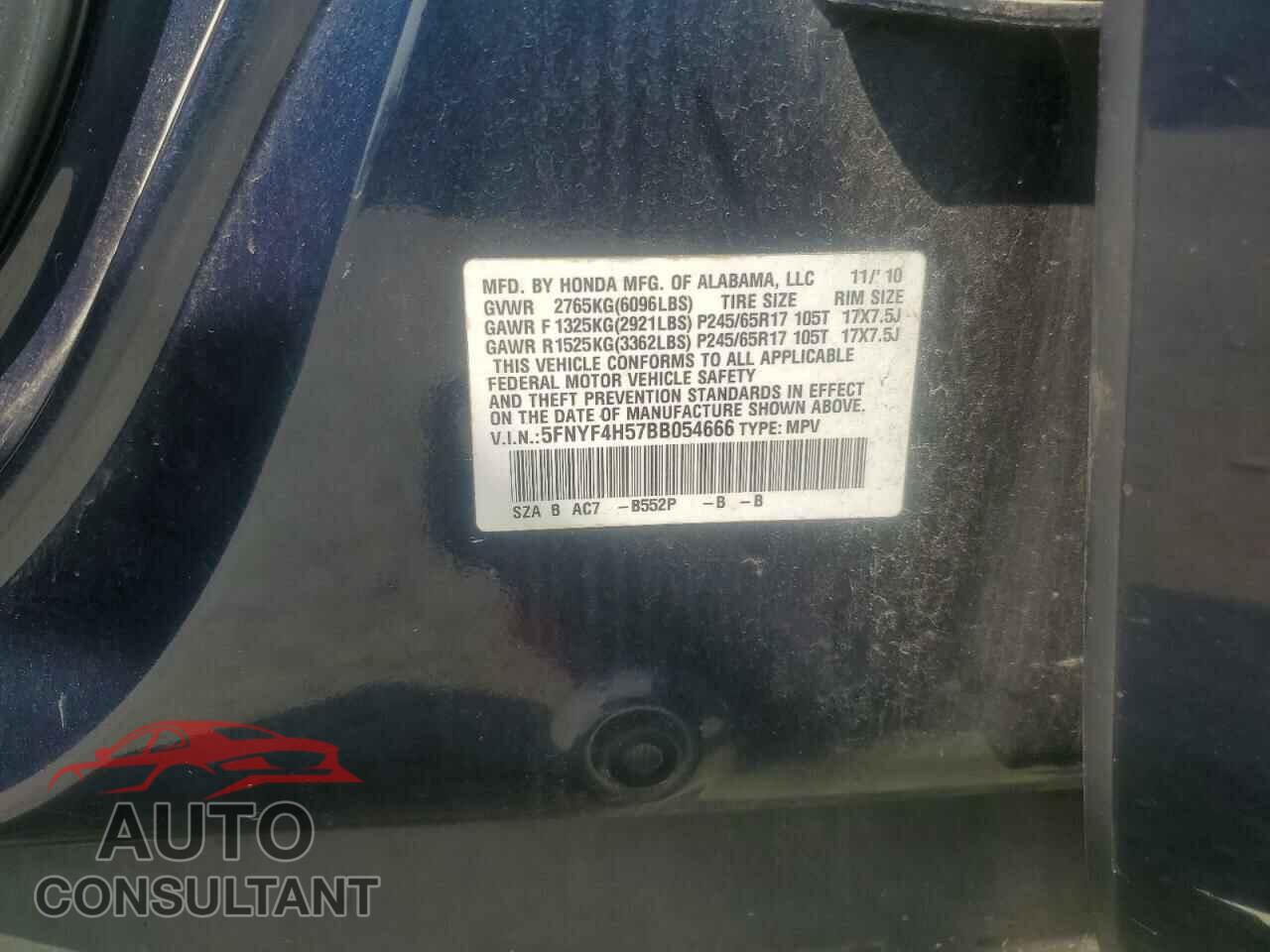 HONDA PILOT 2011 - 5FNYF4H57BB054666