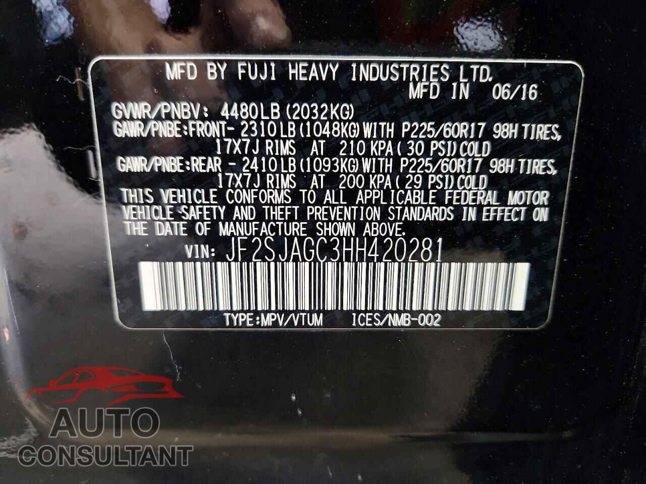SUBARU FORESTER 2017 - JF2SJAGC3HH420281