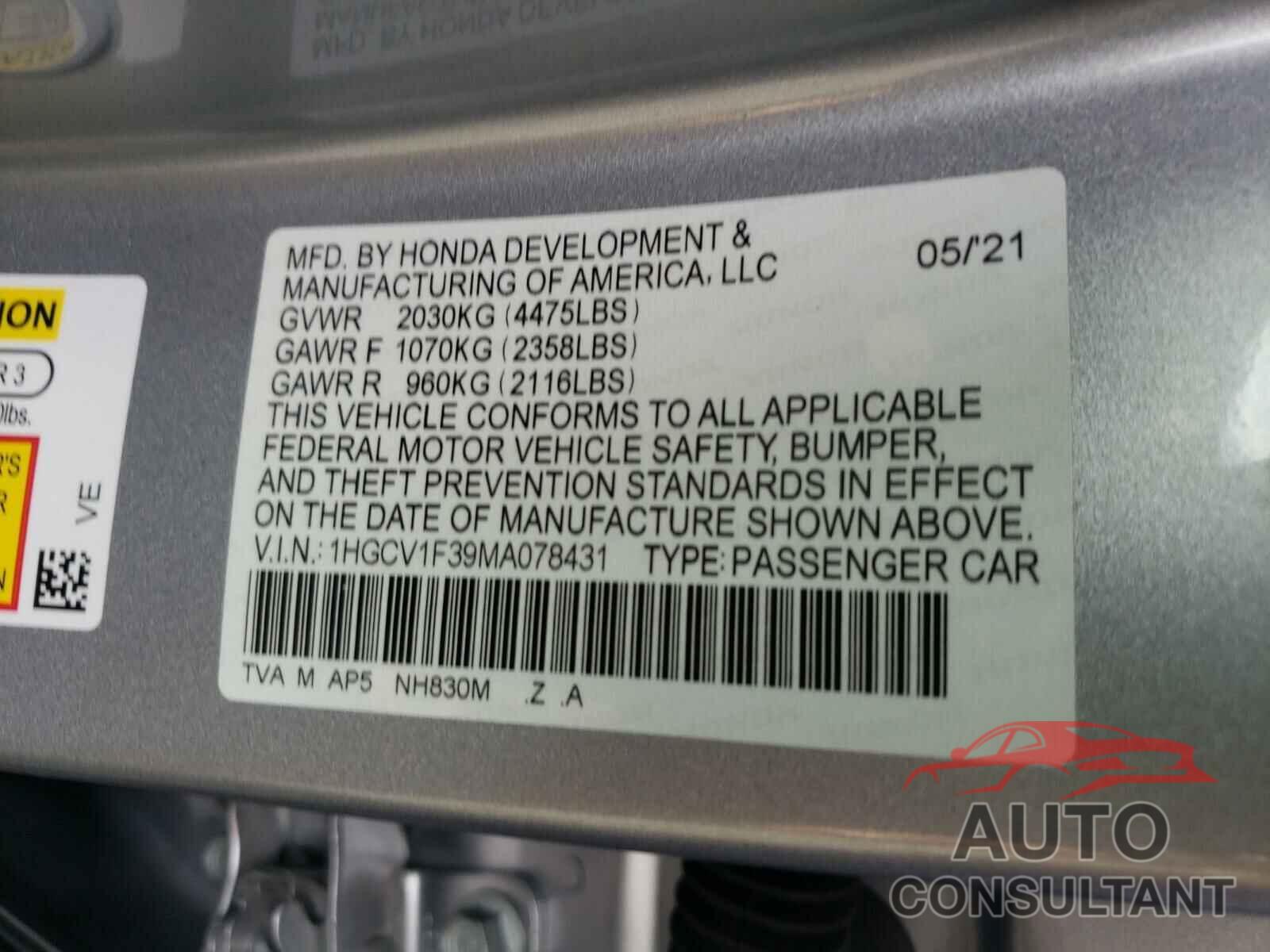 HONDA ACCORD 2021 - 1HGCV1F39MA078431