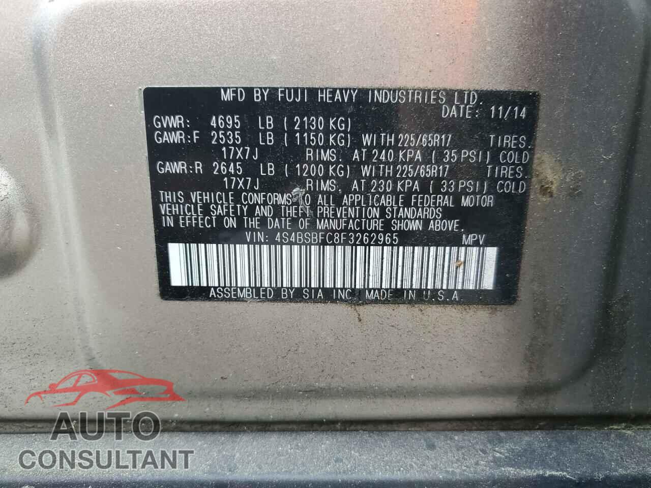 SUBARU OUTBACK 2015 - 4S4BSBFC8F3262965