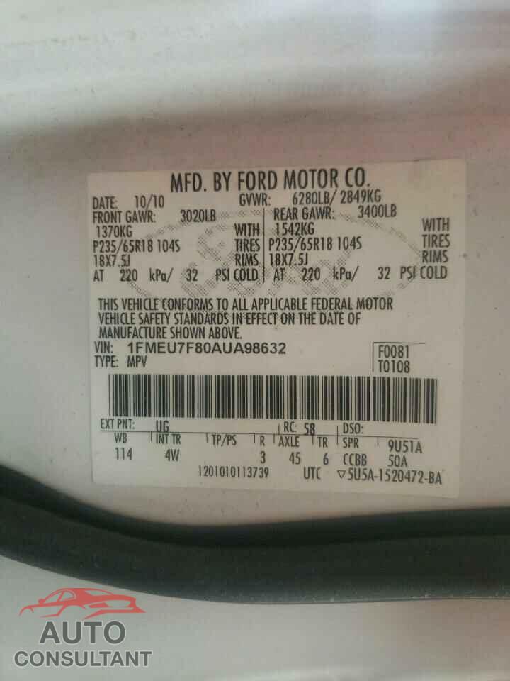 FORD EXPLORER 2010 - 1FMEU7F80AUA98632