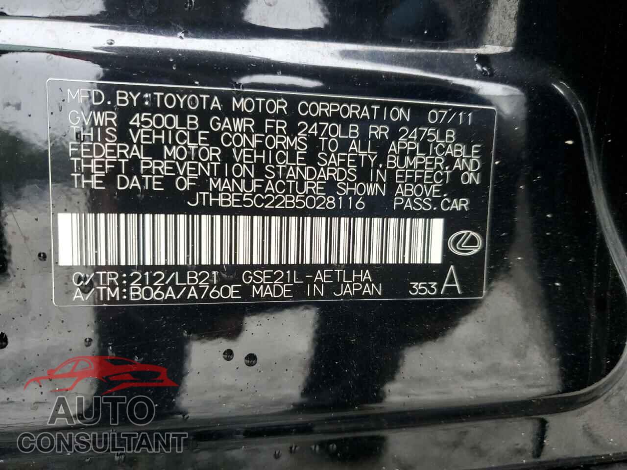 LEXUS IS 2011 - JTHBE5C22B5028116