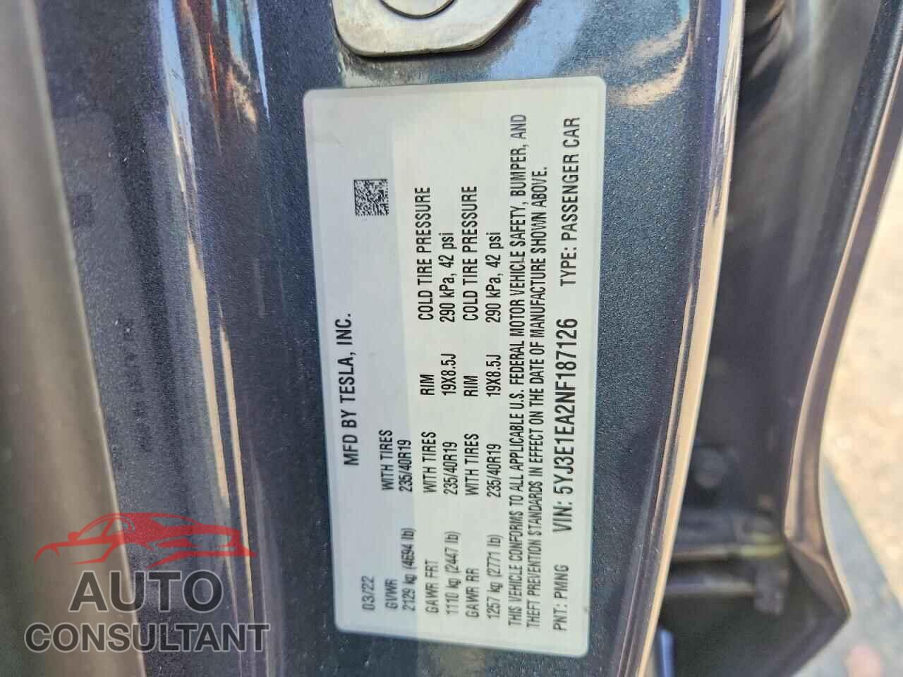 TESLA MODEL 3 2022 - 5YJ3E1EA2NF187126