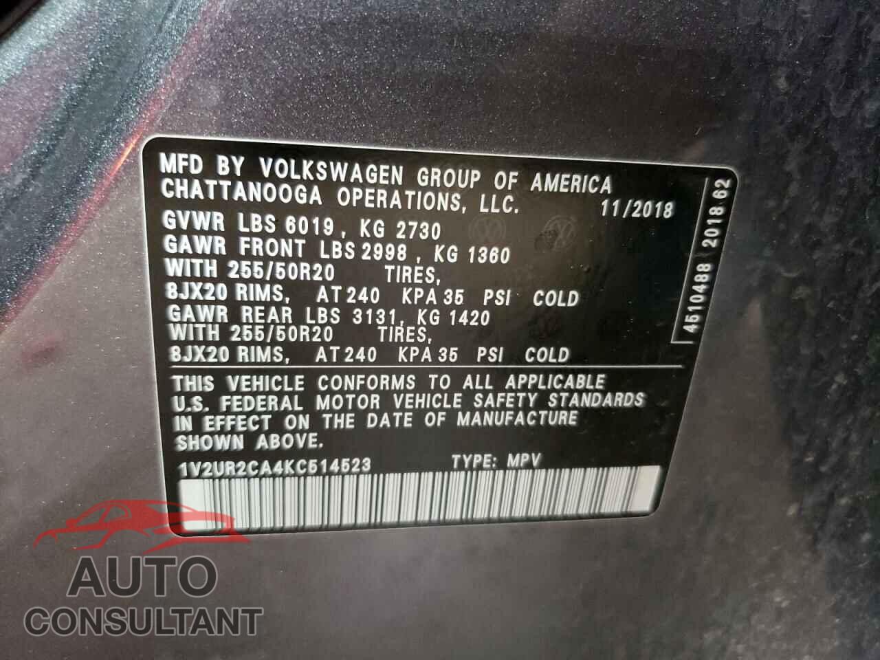 VOLKSWAGEN ATLAS 2019 - 1V2UR2CA4KC514523