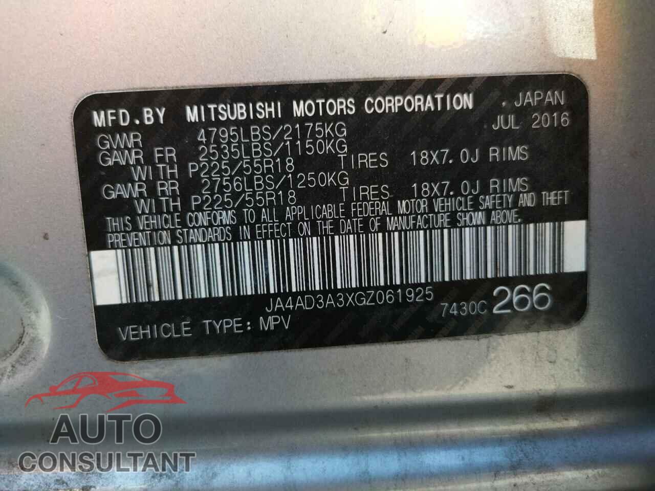 MITSUBISHI OUTLANDER 2016 - JA4AD3A3XGZ061925