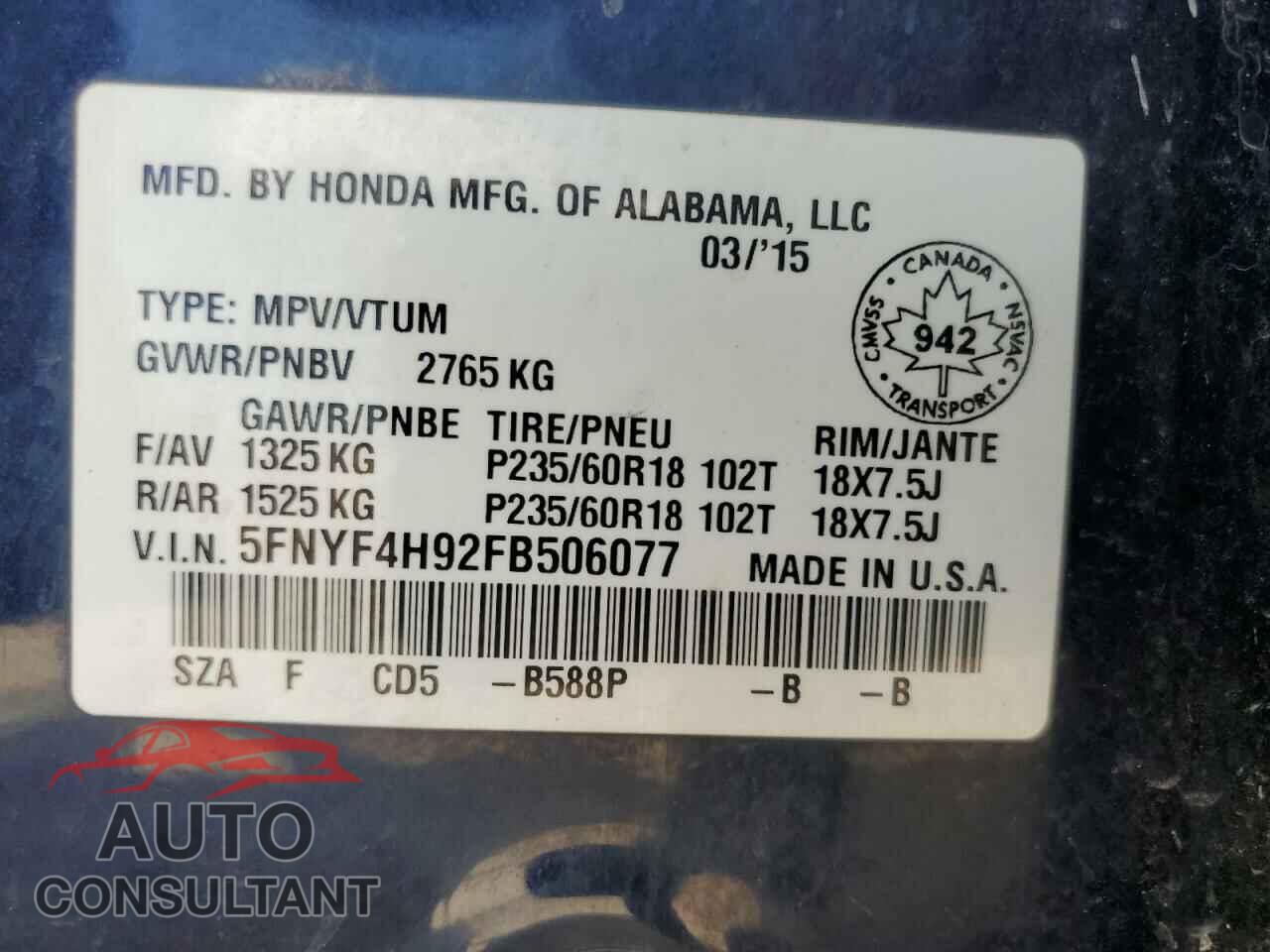 HONDA PILOT 2015 - 5FNYF4H92FB506077