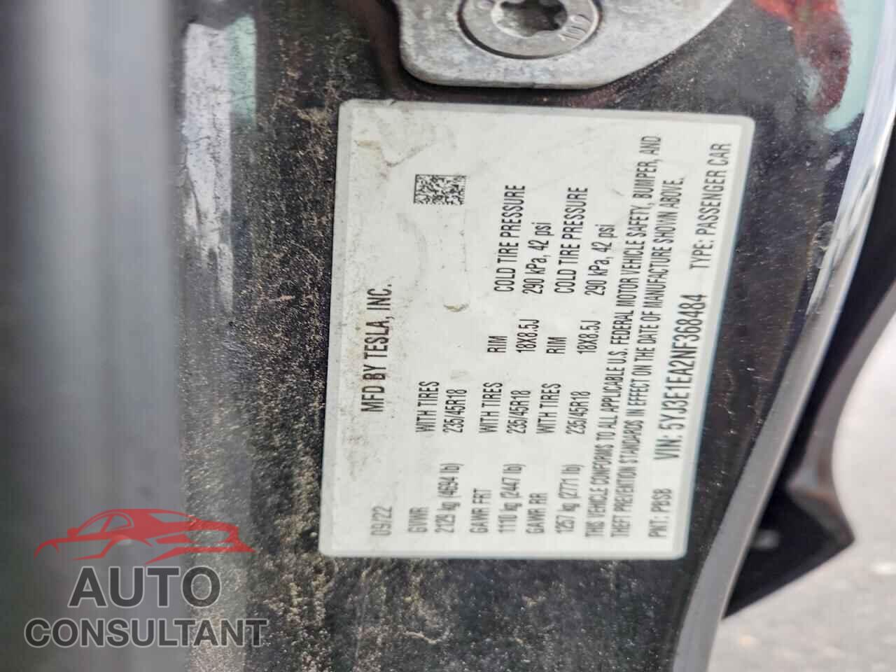 TESLA MODEL 3 2022 - 5YJ3E1EA2NF368484