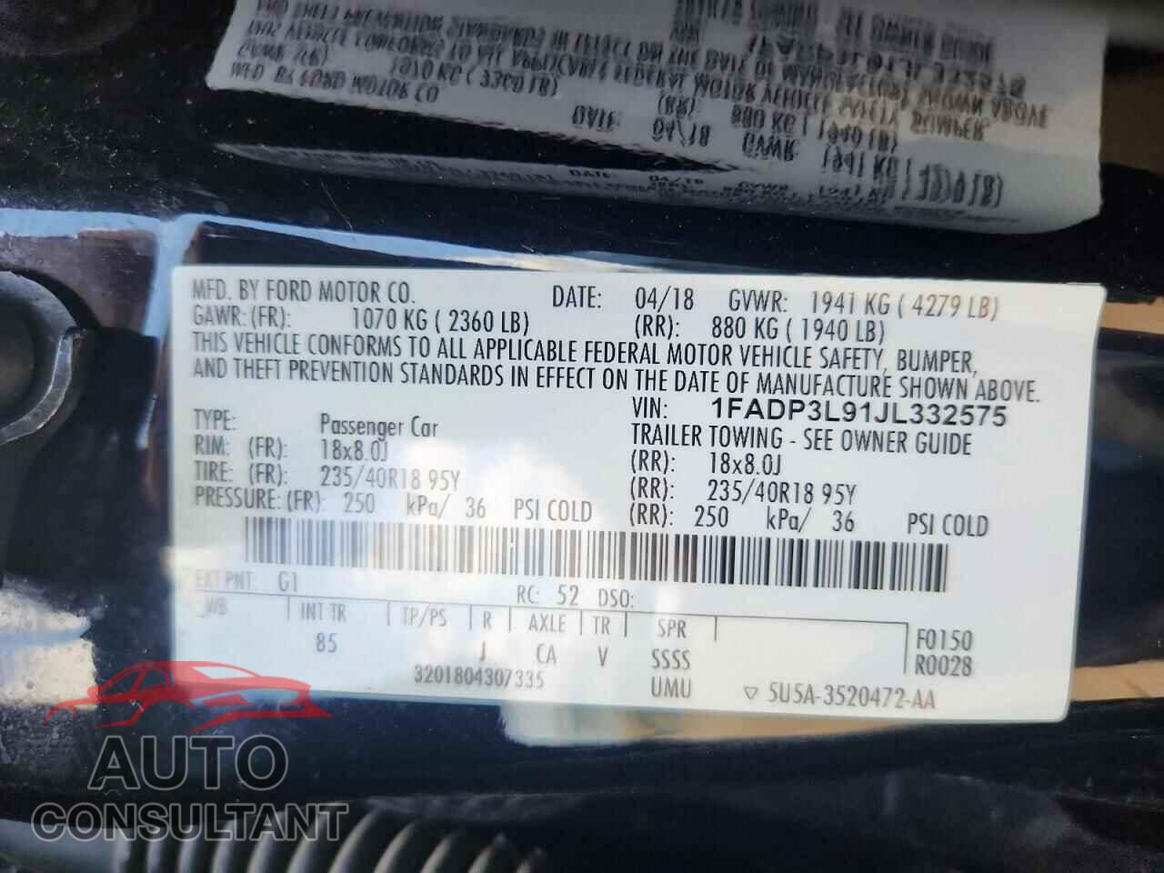 FORD FOCUS 2018 - 1FADP3L91JL332575