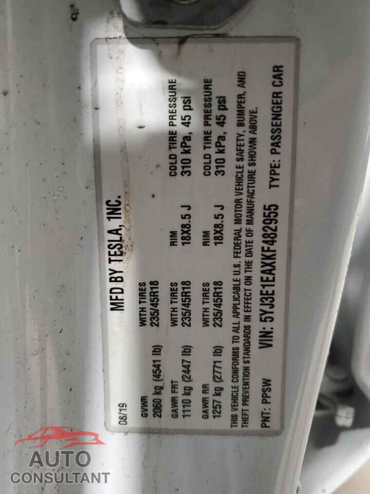 TESLA MODEL 3 2019 - 5YJ3E1EAXKF482955