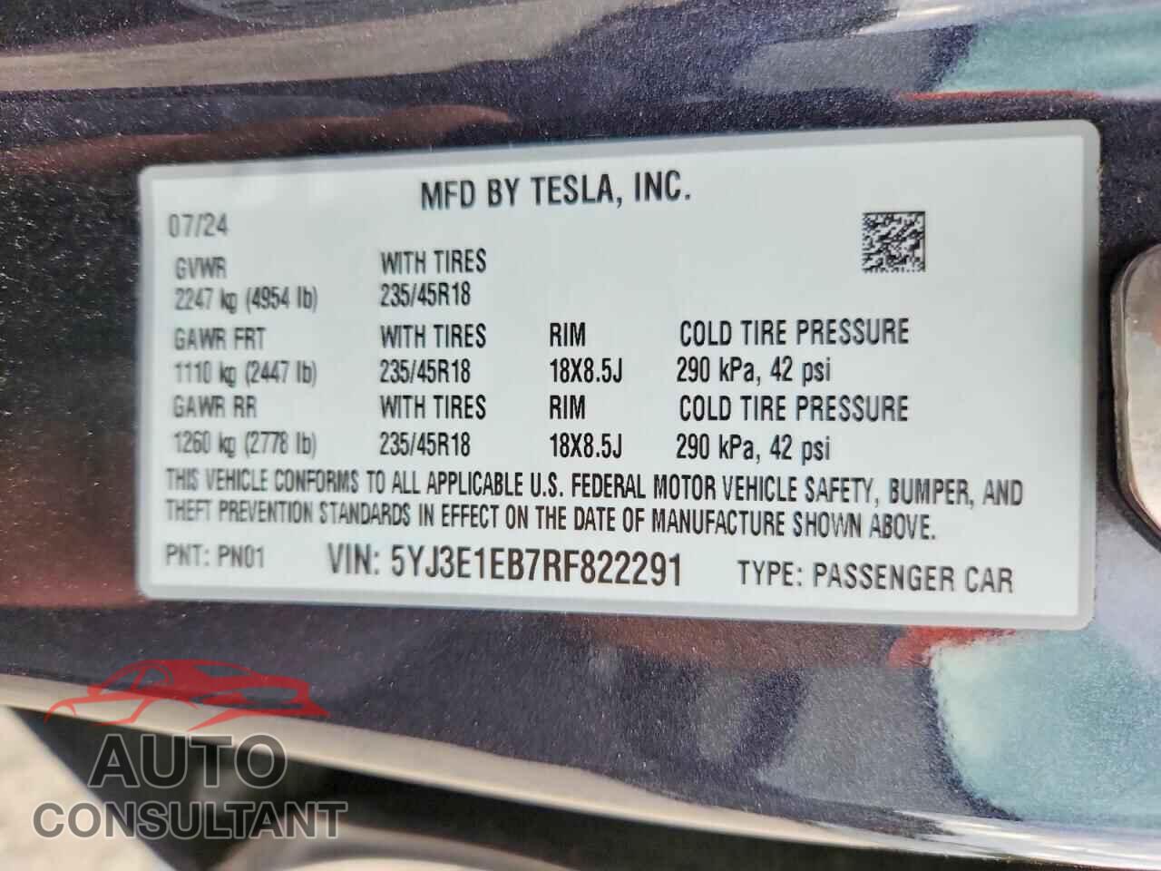 TESLA MODEL 3 2024 - 5YJ3E1EB7RF822291