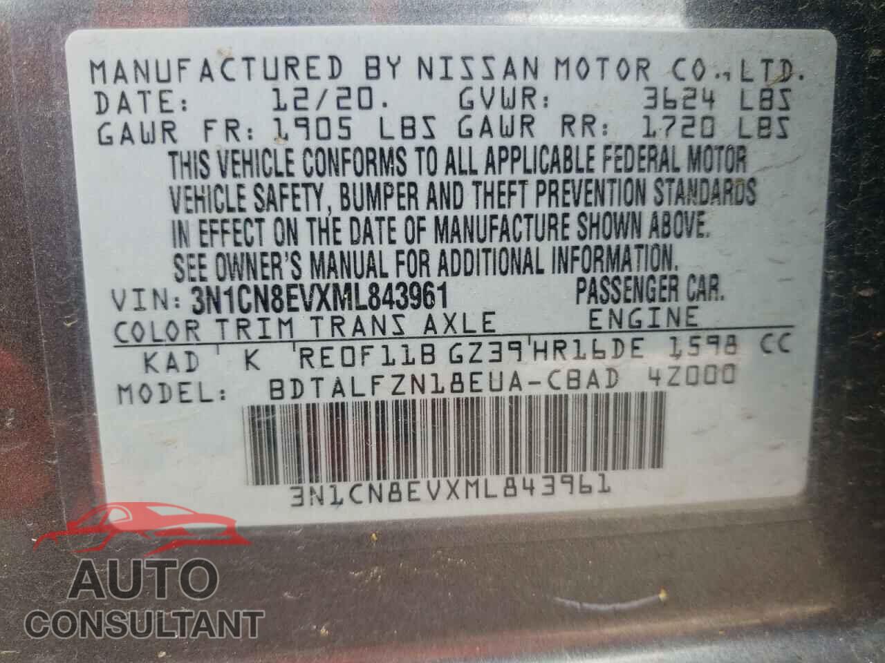 NISSAN VERSA 2021 - 3N1CN8EVXML843961