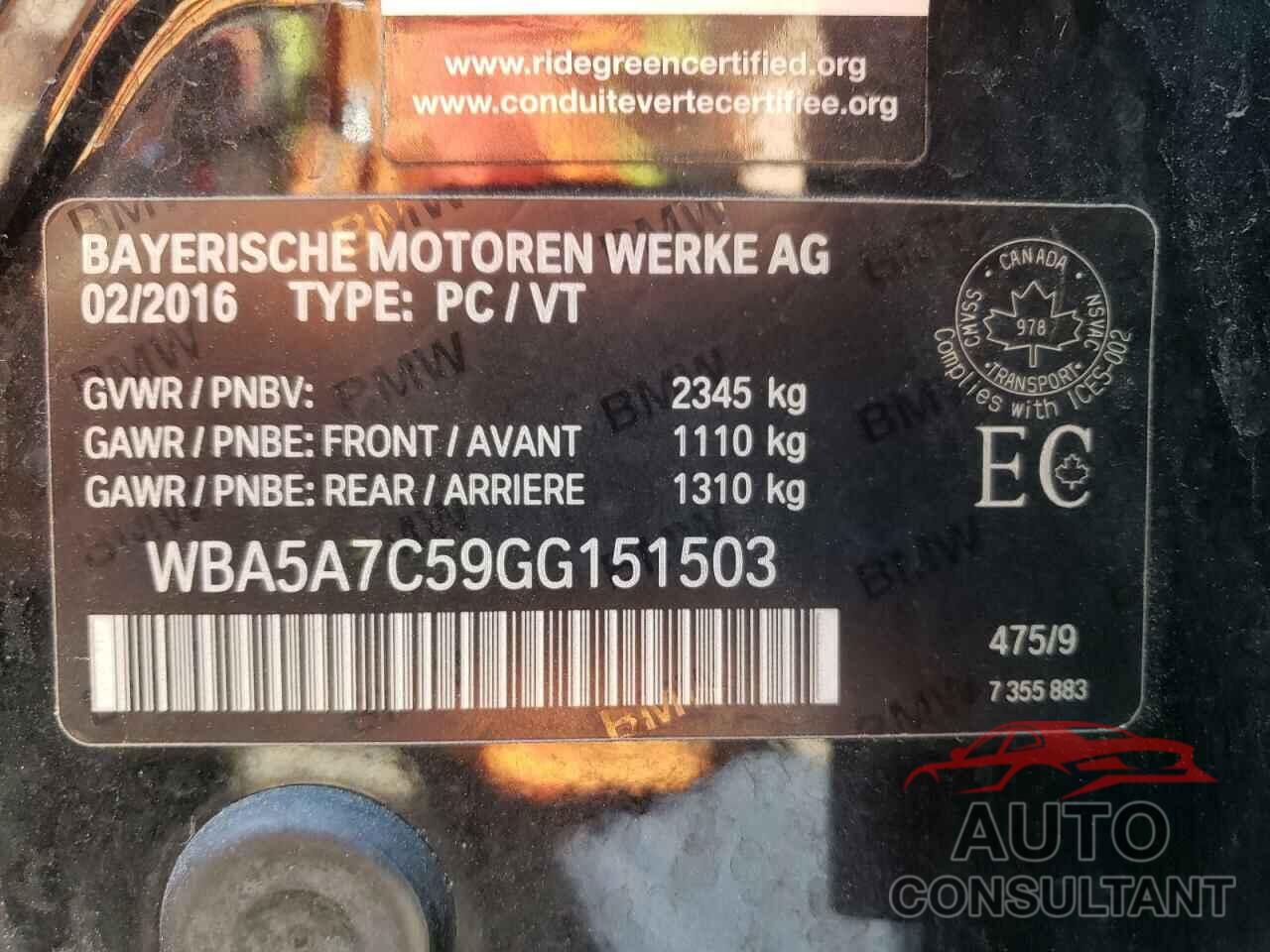 BMW 5 SERIES 2016 - WBA5A7C59GG151503