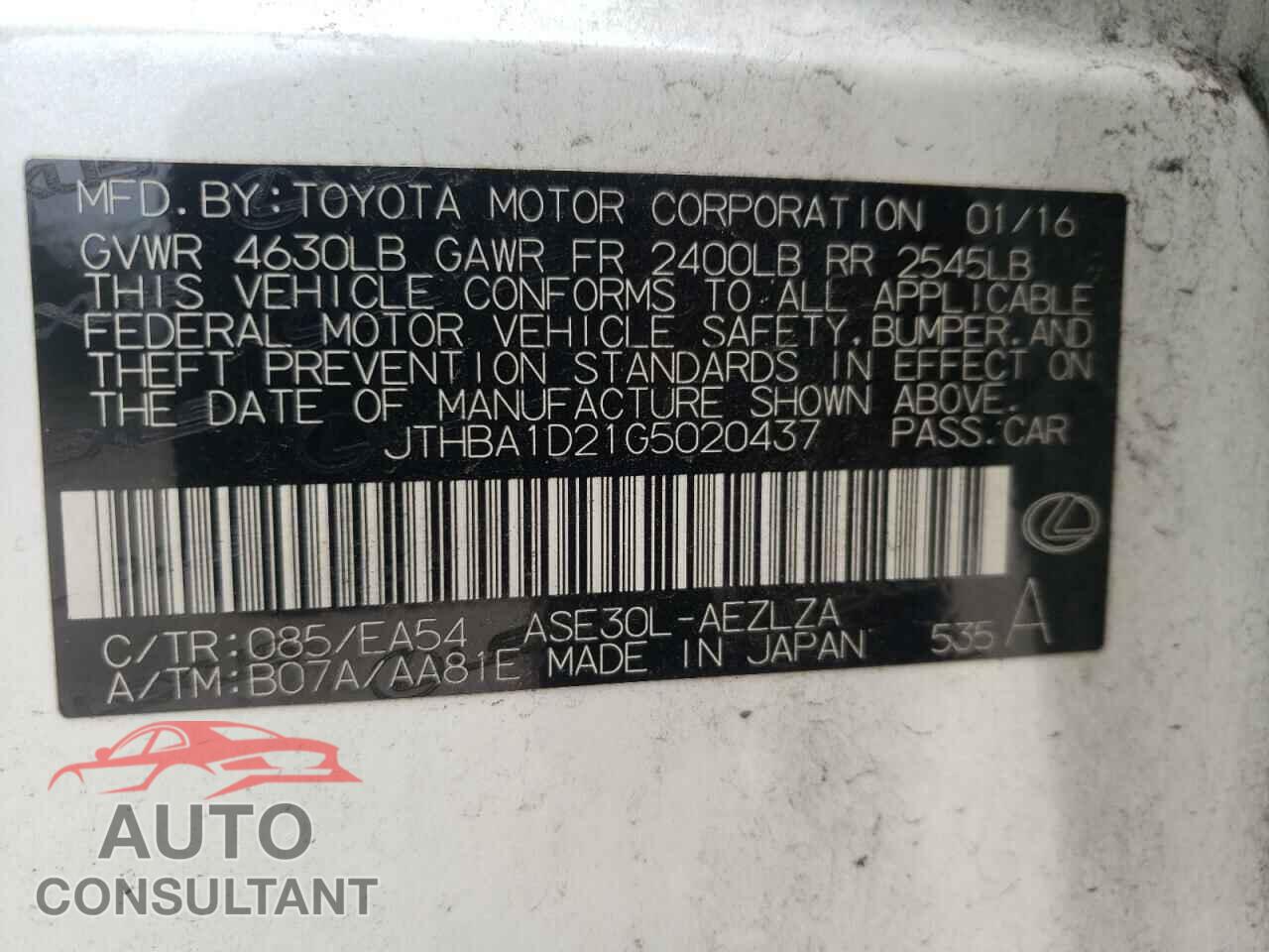 LEXUS IS 2016 - JTHBA1D21G5020437