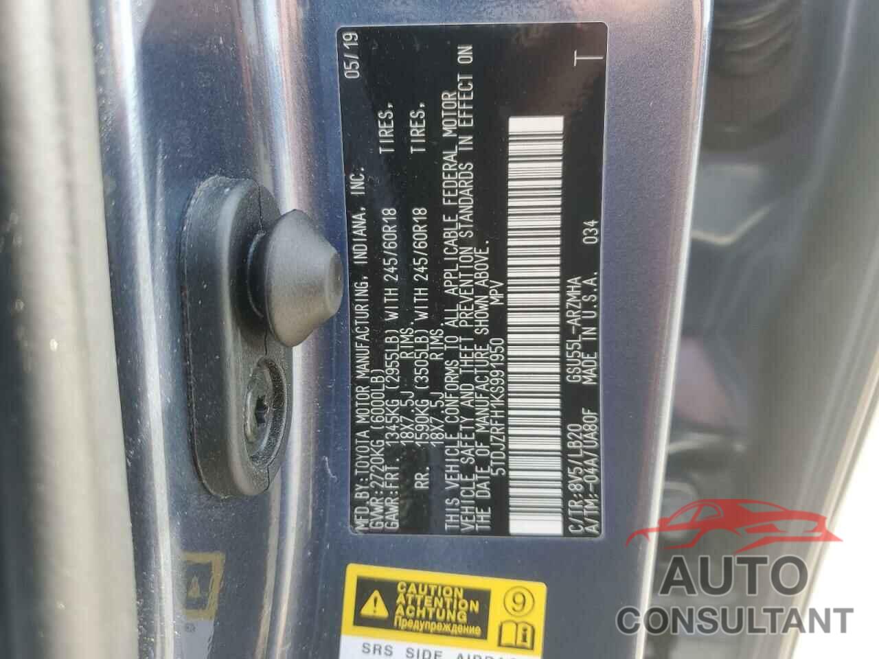 TOYOTA HIGHLANDER 2019 - 5TDJZRFH1KS991950