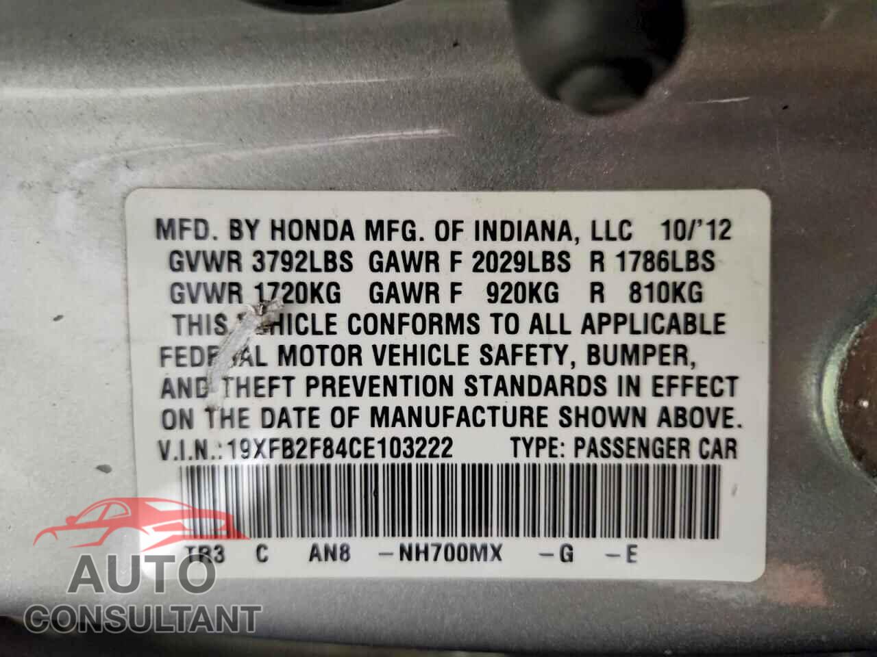 HONDA CIVIC 2012 - 19XFB2F84CE103222
