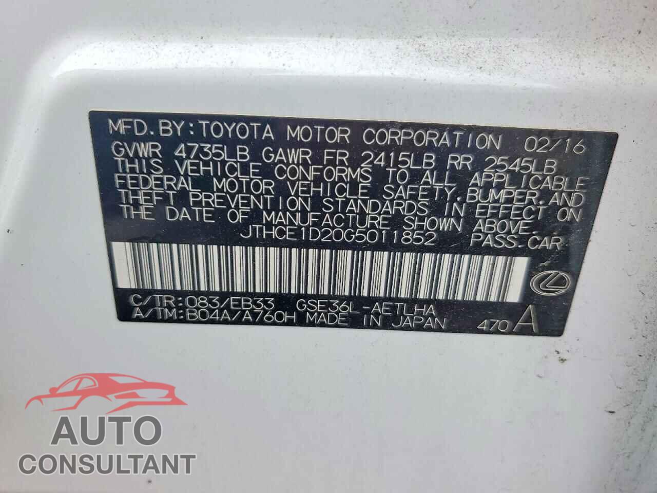 LEXUS IS 2016 - JTHCE1D20G5011852