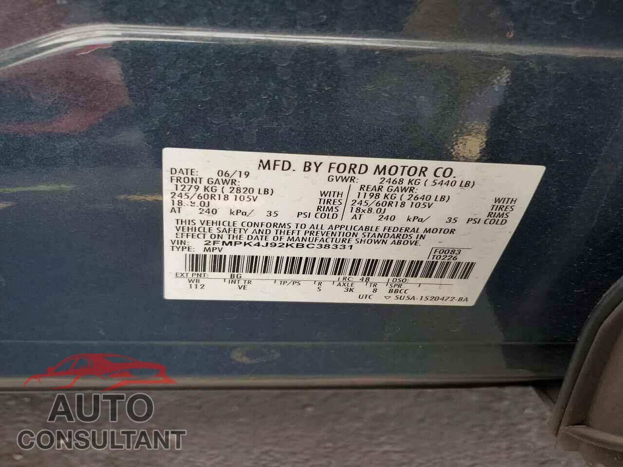 FORD EDGE 2019 - 2FMPK4J92KBC38331