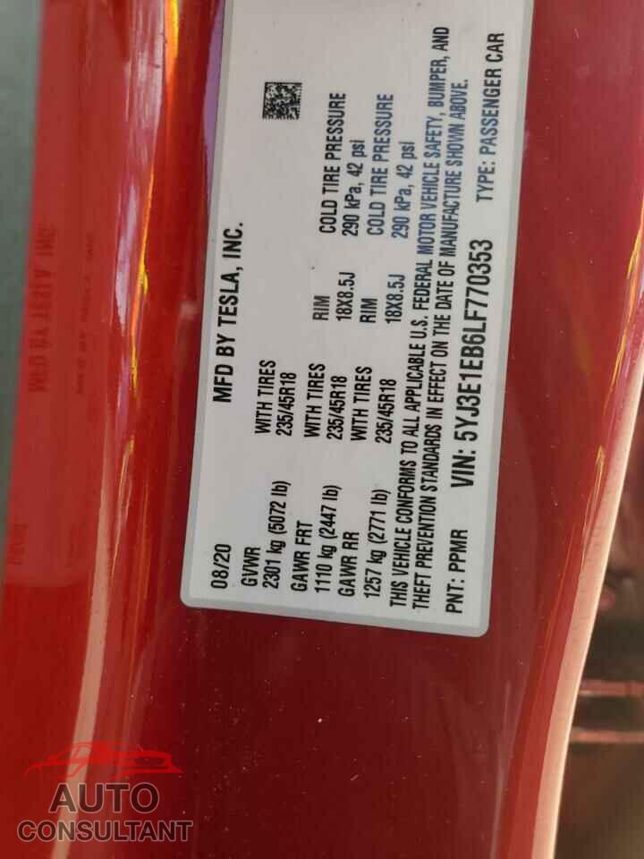 TESLA MODEL 3 2020 - 5YJ3E1EB6LF770353