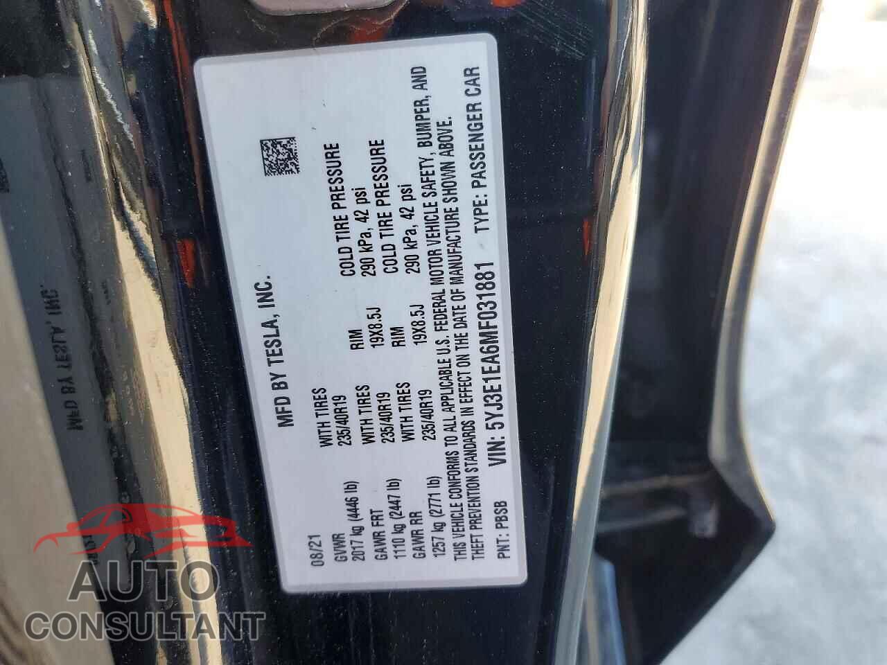 TESLA MODEL 3 2021 - 5YJ3E1EA6MF031881