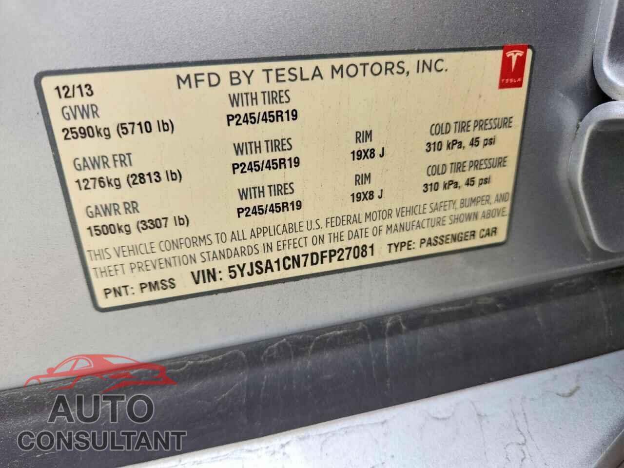 TESLA MODEL S 2013 - 5YJSA1CN7DFP27081