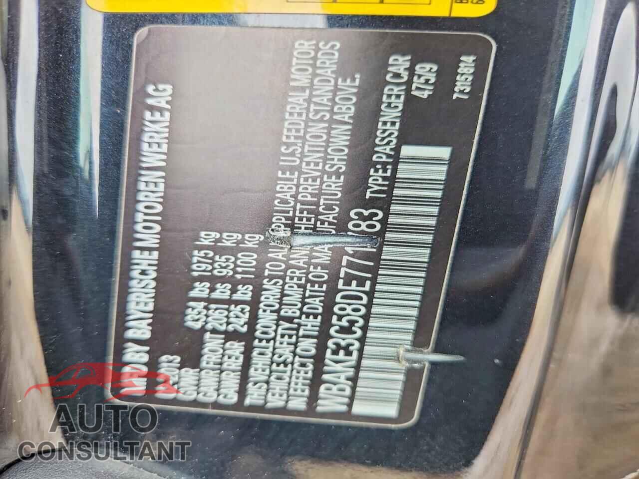 BMW 3 SERIES 2013 - WBAKE3C58DE771783