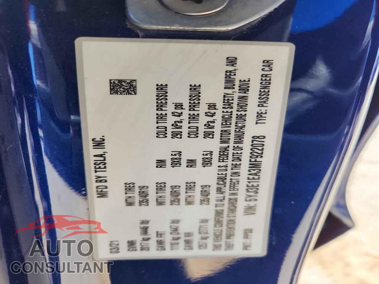 TESLA MODEL 3 2021 - 5YJ3E1EA3MF922078