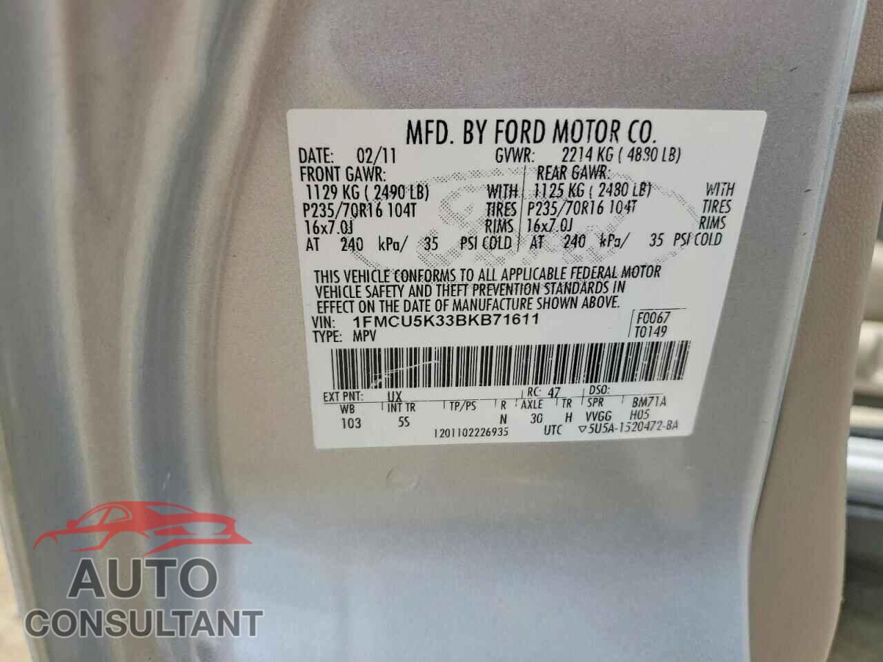 FORD ESCAPE 2011 - 1FMCU5K33BKB71611