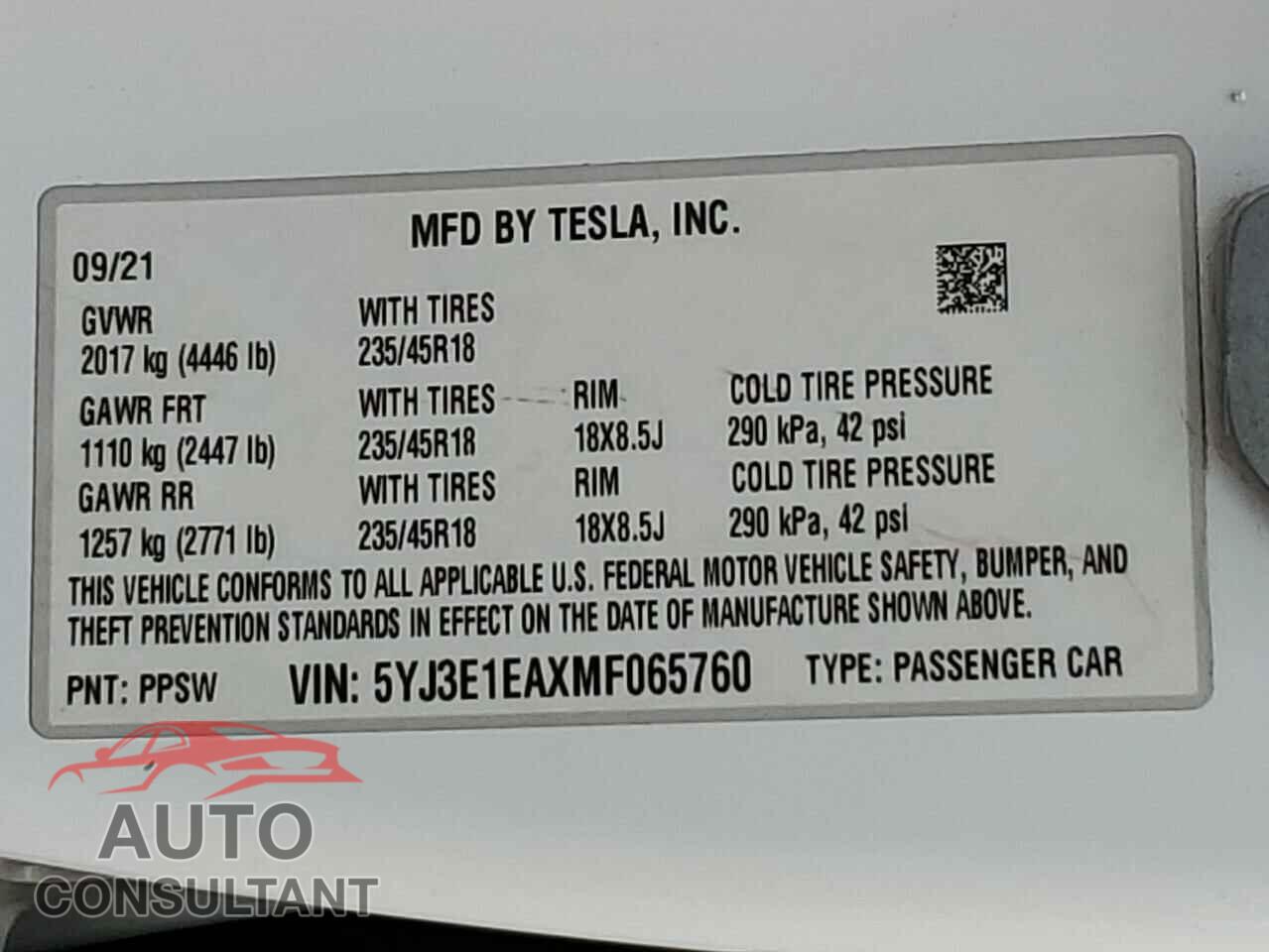 TESLA MODEL 3 2021 - 5YJ3E1EAXMF065760