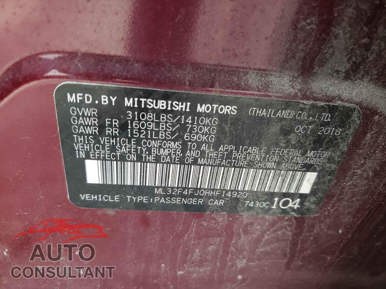 MITSUBISHI MIRAGE 2017 - ML32F4FJ0HHF14920